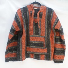 Vintage Artesanias Aztecas Mexican Baja Hoodie Orange Black Striped Jerga M