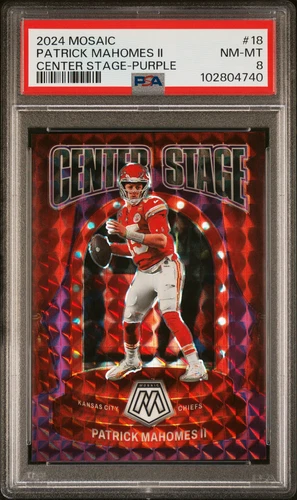 2024 PANINI MOSAIC CENTER STAGE PURPLE #18 PATRICK MAHOMES II 26/49 PSA 8
