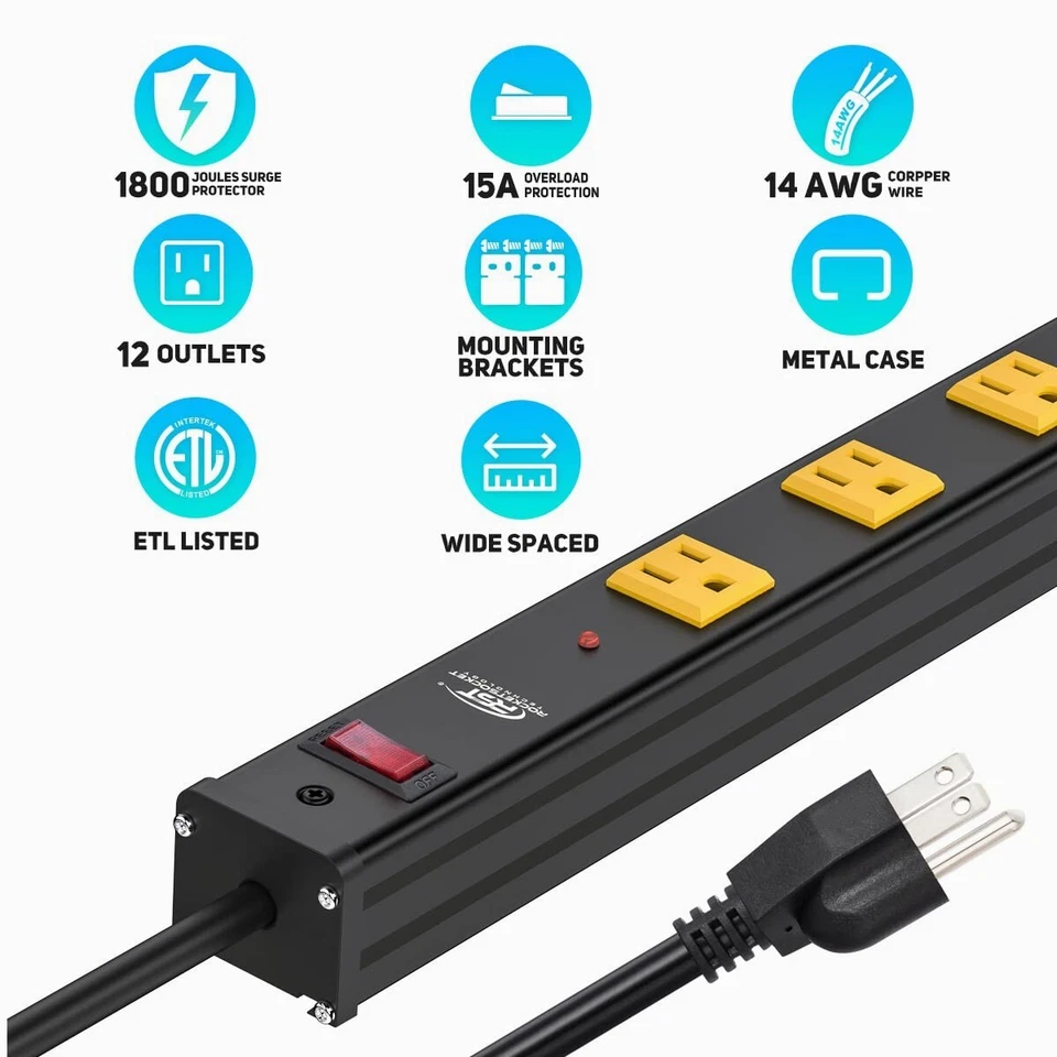 12-Outlet Heavy Duty Surge Protector Power Strip Bar 1800 Joules 15A Circuit 6FT - Image 2 of 4