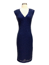 NWT ELIZA J. SEQUINS NAVY EXTENDED SHOULDER V-NECK MIDI DRESS SIZE 6 $168