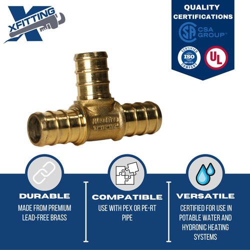 1 Pc XFITTING 1/2" x 1/2" x 1/2" Pex Tee, Pex Barb Crimp Tee, Lead Free Brass - Picture 4 of 8