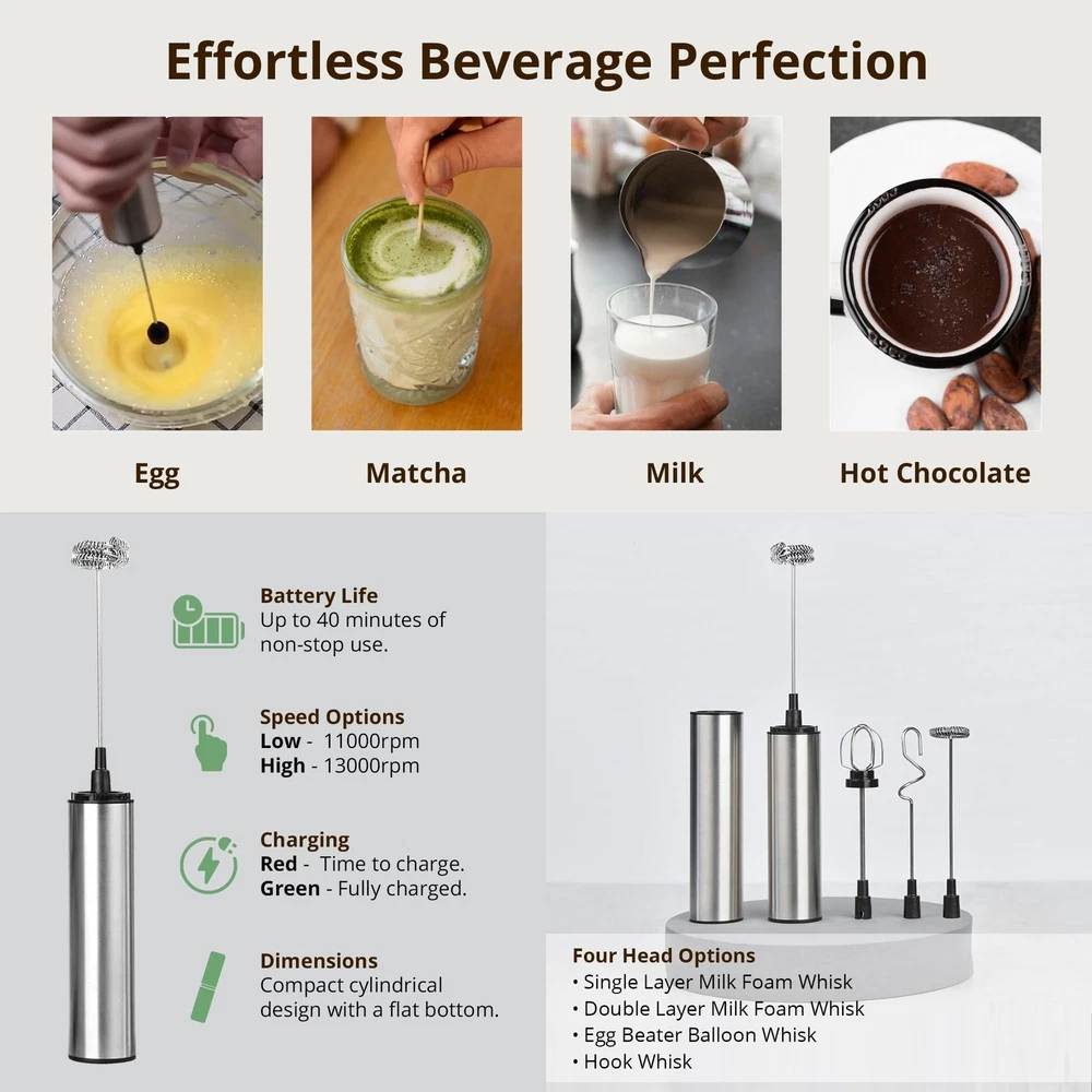 - Milk Frother Rechargeable (USB) with 4 Electric Whisk Frother Tools, Easy-t...