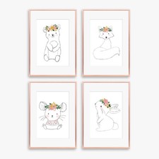 Floral Boho Animal Nursery Prints Childrens Bedroom Wall Line Art Pictures Decor