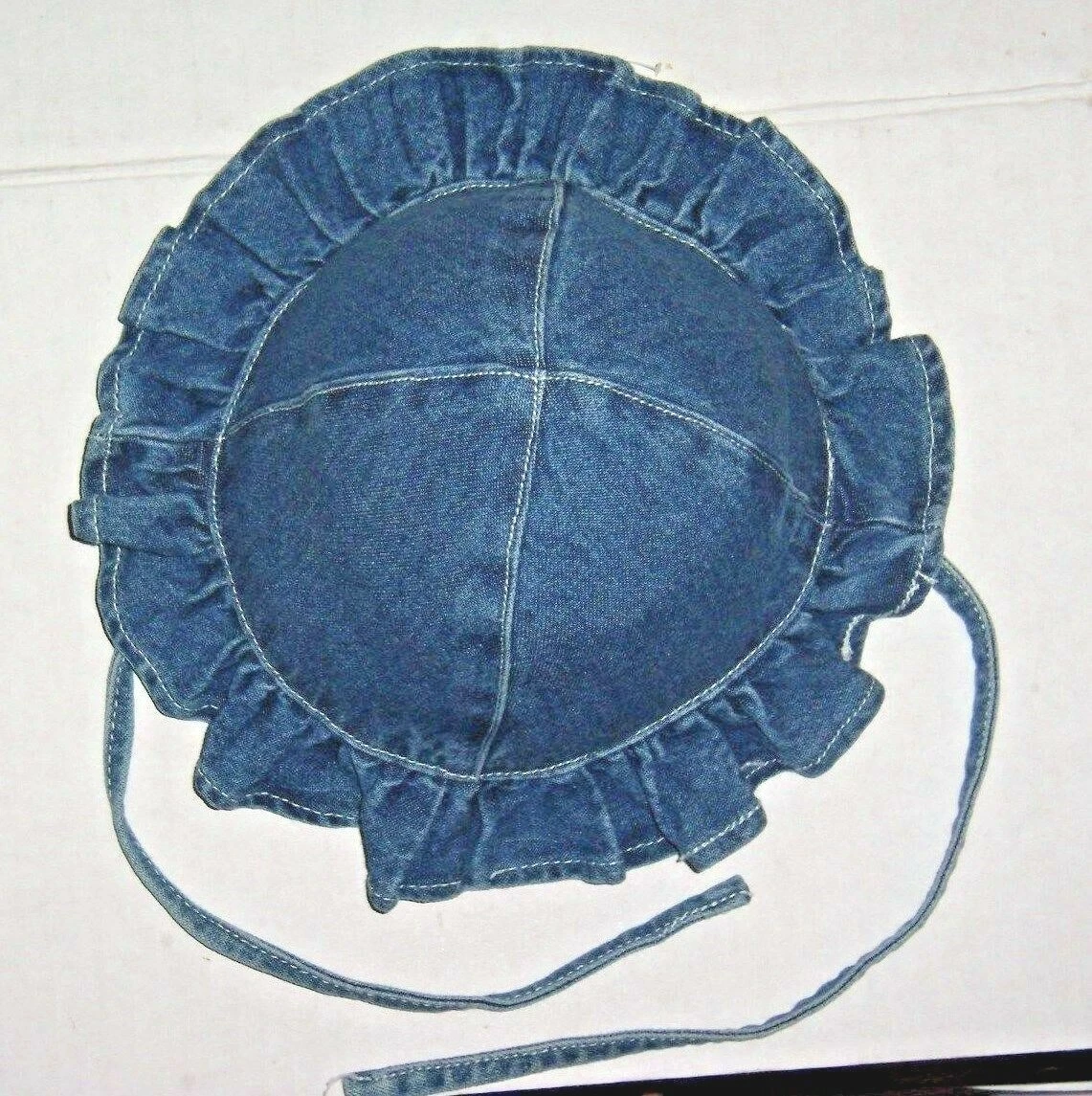 Vintage Infant Baby Unisex Denim Chin Tie Sun Fun Beach Ruffle Hat Sz 3-6 Mths
