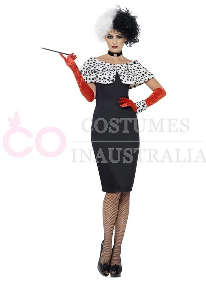 Disfraz de señora malvada Cruella De Vil 101 Dalmations para mujer vestido elegante Foto 2 de 4