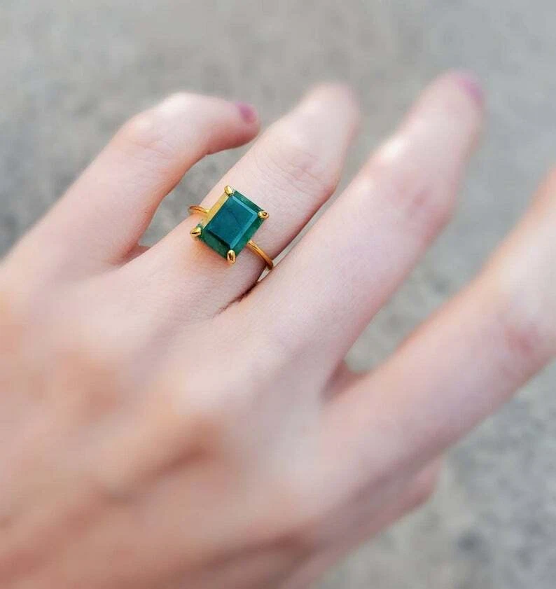 Sterling Silber 925 vergoldet grüner Smaragd Mai Geburt Stein Verlobungsring - Bild 3 von 4