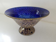 Cobalt Blue Glass & Mosaic Tile Decorative Pedestal Bowl 8" x 5"