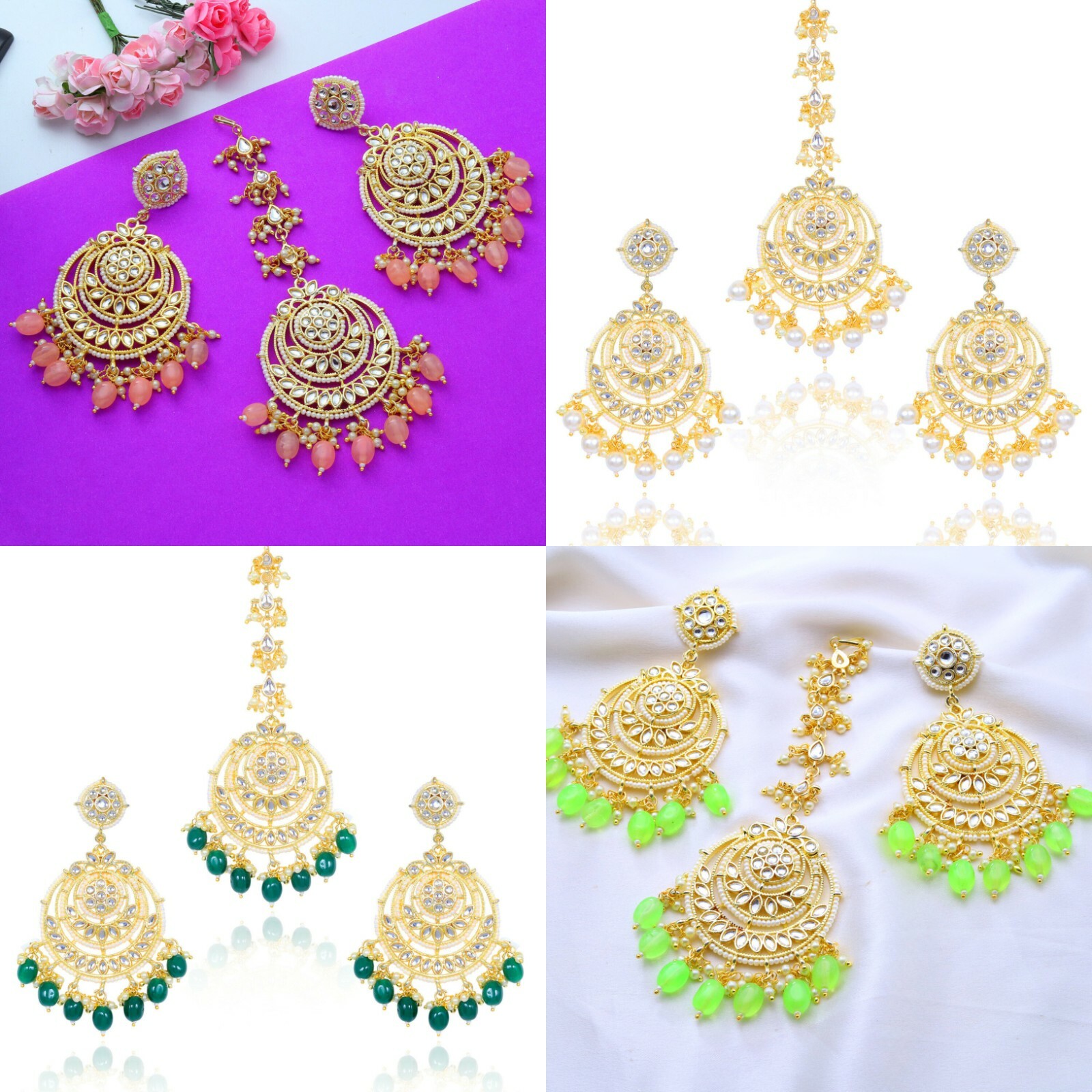 Moda nupcial Kundan Mujeres Pendientes de boda Maang Tikka Bollywood Joyería ...