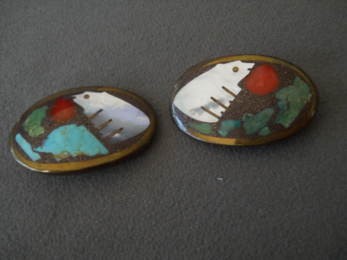 COLORFUL TURZA & SHOWS Southwestern Multi-Stone Bear Inlay Bronze Clip Earrings - Picture 1 of 9