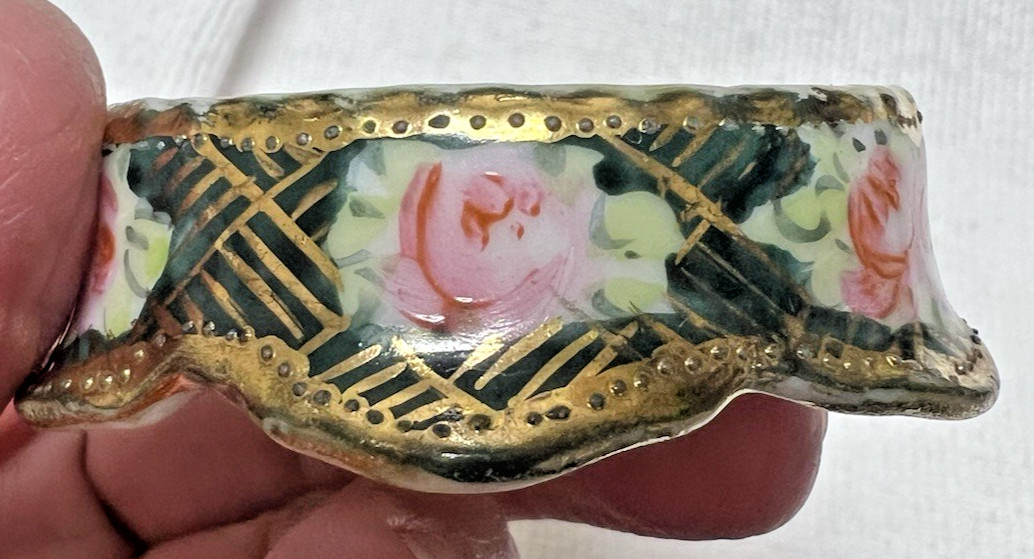 Stunning Pink Roses on Green w GOLD Hand Painted Salt Dip 2 1/4 W x 5/8 T