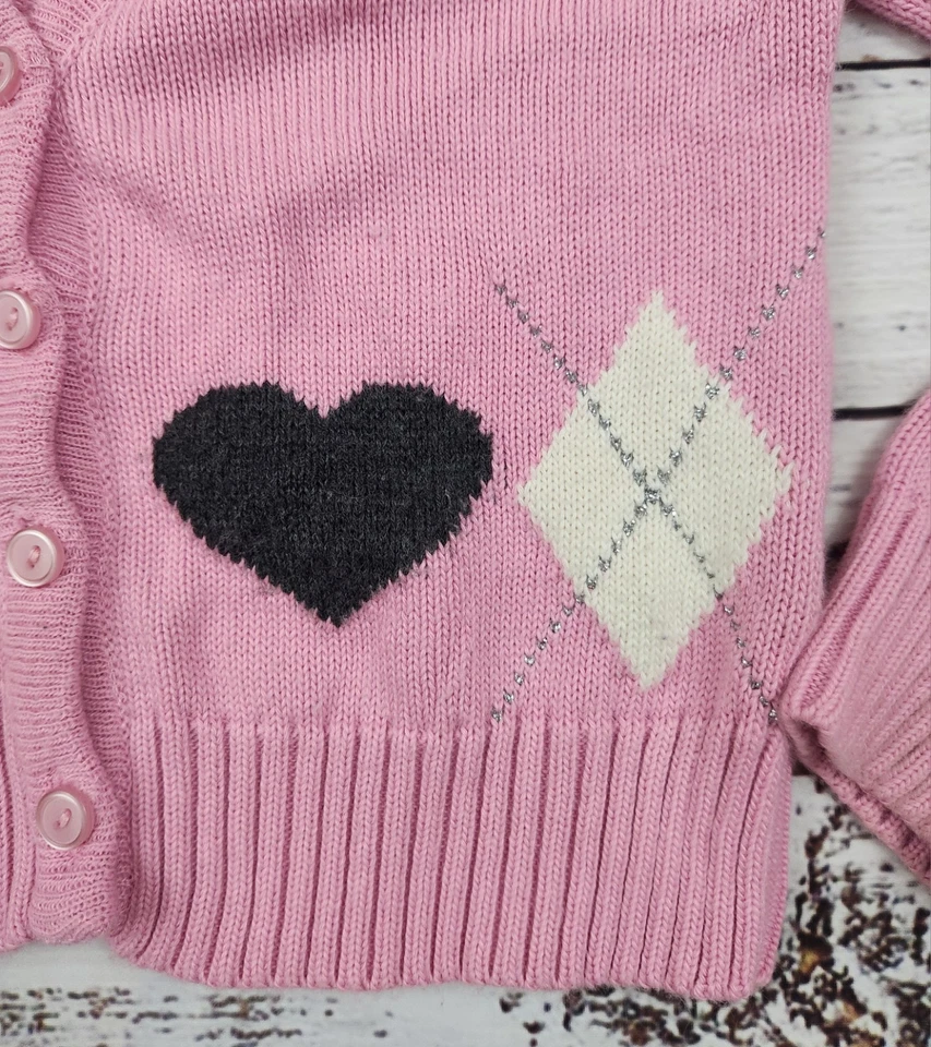 Arizona Girls Pink Argyle Heart Cardigan Sweater 6X Button Front VTG Y2K Style - Image 3 of 4