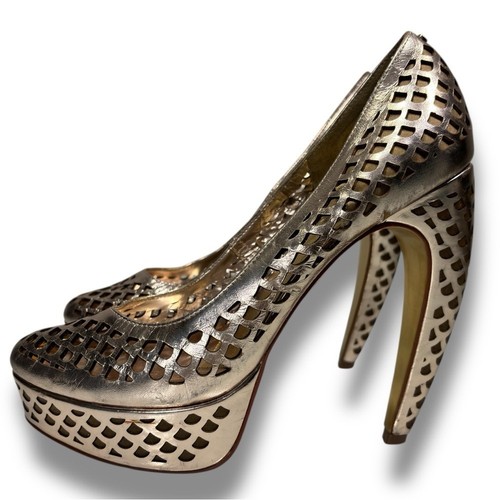 Ted Baker Rose Gold Poppy D Cutout Leather Platform Banana Heel Heels Size 39.5