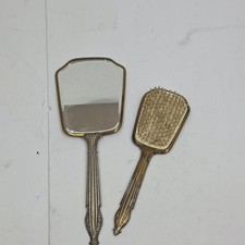 Vintage Antique Celluloid Dresser Set Hand Mirror Hair Brush Floral Vanity 2 Pc