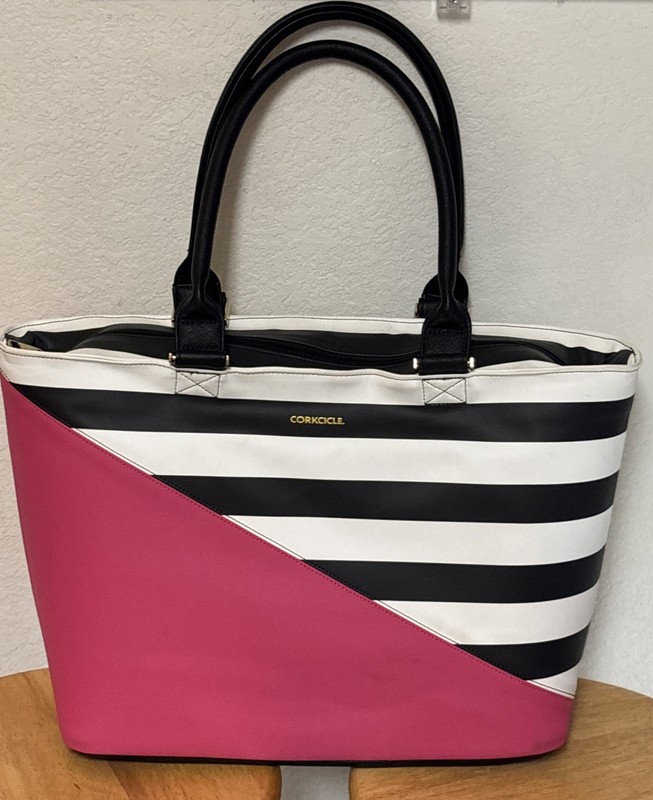 Corkcicle Cooler Virginia Tote Insulated - Pink / Stripe - Wedge Wine Cooler