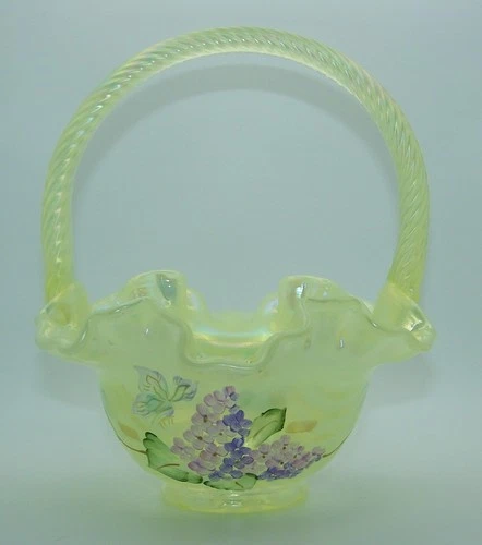 Fenton Hydrangeas on Topaz Opalescent 7.5" tall Basket Optic Drape Uranium GLOWS