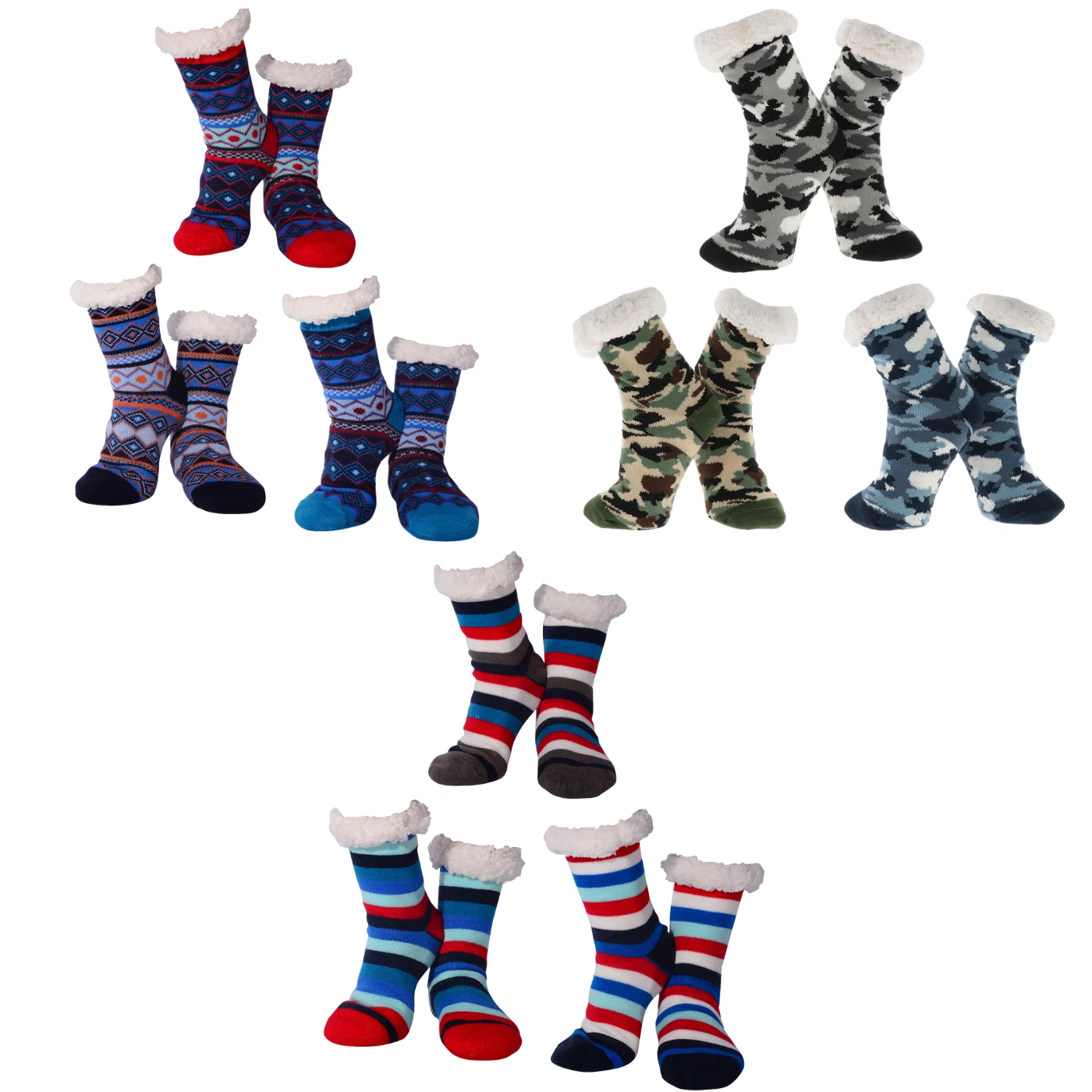 Nuzzles Men’s Soft Fleece Socks Non-Slip Soles Aztec, Stripes & Camo 3-Pack