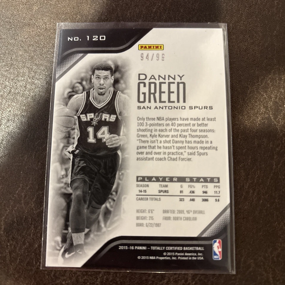 DANNY GREEN 2015-16 PANINI TOTALLY CERTIFIED MIRROR BLUE /99 #120 SPURS - Image 2 of 2