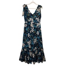 NWT LOFT Beige/Teal Floral Ruffle with Shoulder-Ties Dress 