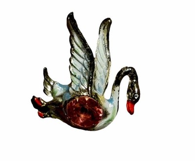 Vtg Swan Painted Plastic Rhinestone Flying  Bird Pin Brooch Lt Weight