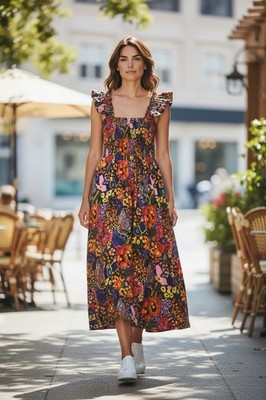 Cato Floral Smocked Midi Dress Boho Ruffle Strap Multicolor NWT M
