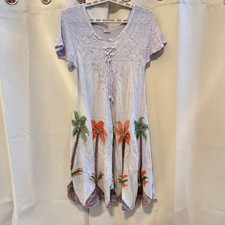 Tropical Palm Tree Dress Lace Up Medium Viscose Indie Embroidered Boho 19420