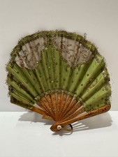 Antique Miniature Green Silk and Sequin Folding Fan