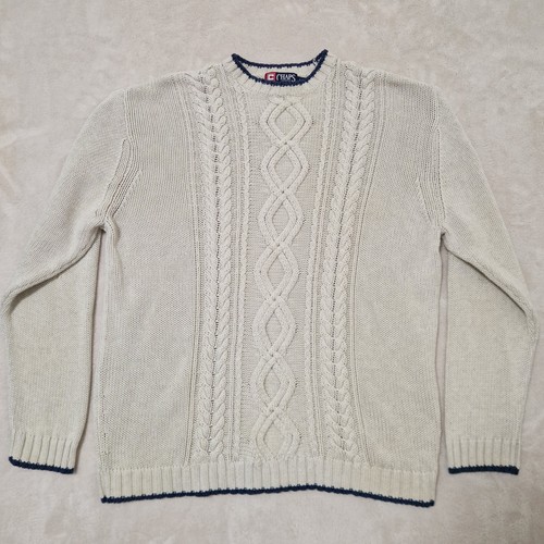 Chaps Ralph Lauren Sweater Mens XL Off White Cable Knit Aran Crewneck Pullover - Picture 2 of 11