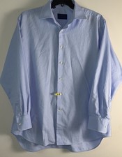 David Donahue Dress Shirt Mens 34/35 Trim Fit Long Sleeve Button Up Blue A8-2