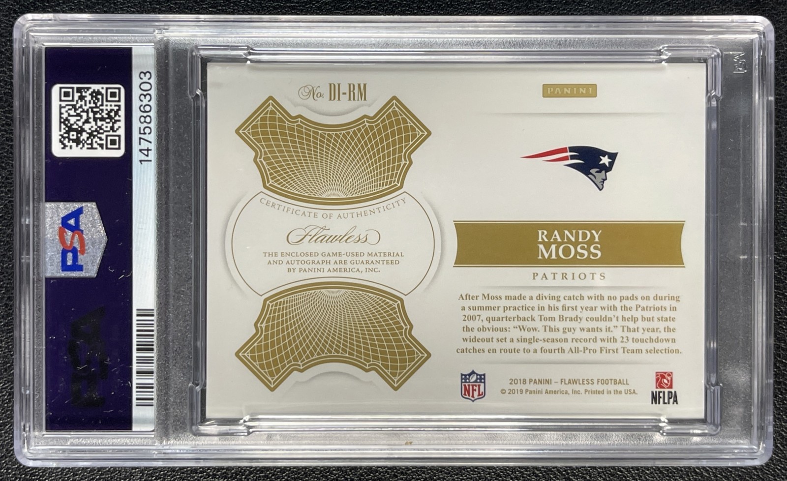 RANDY MOSS PSA 8 2018 PANINI FLAWLESS DISTINGUISHED GAME-USED PATCH 10 AUTO 8/10 view 2