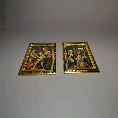 Antique Religious Mini Print Pair Adoration Of The Magi & Del Sarto Holy Family