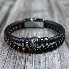 Men's Natural Gemstone Cross Leather Braided Bracelet Stainless Steel Bangle