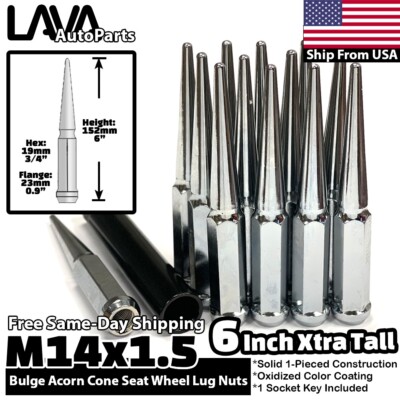 32x 6'' Chrome 14x1.5 Spike Lug Nut + Key Fit Ford 1999-2023 F250 F350 Super Duty