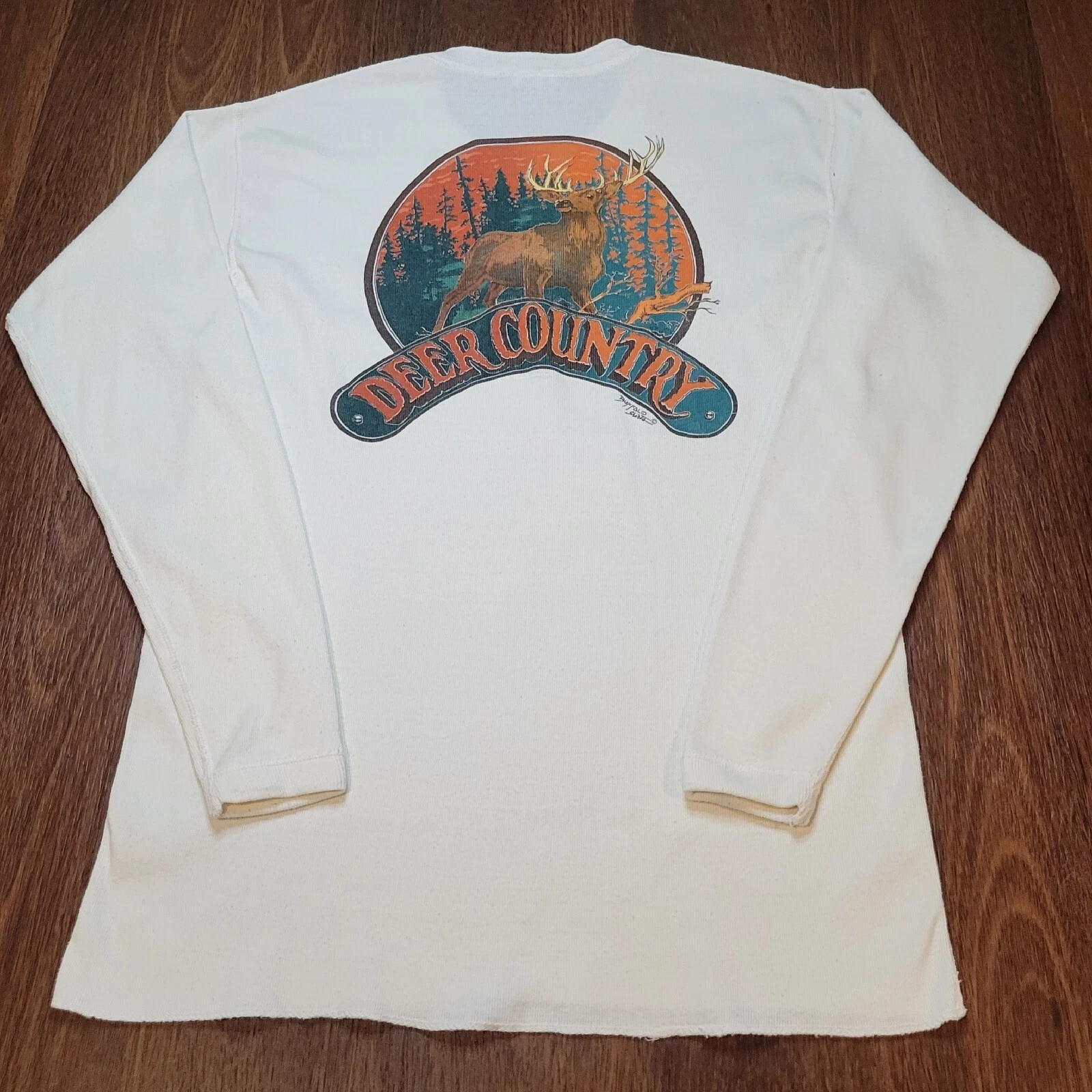 Vintage 70s Trapper Shirts Deer Countrt thermal Henley Beige Ivory Tan S/M Fit