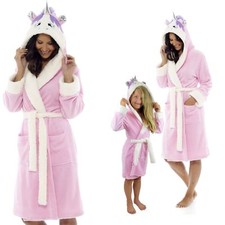 Ladies Girls Mini Me Unicorn 3D Hooded Pink Dressing Gown Robe Mum & Daughter