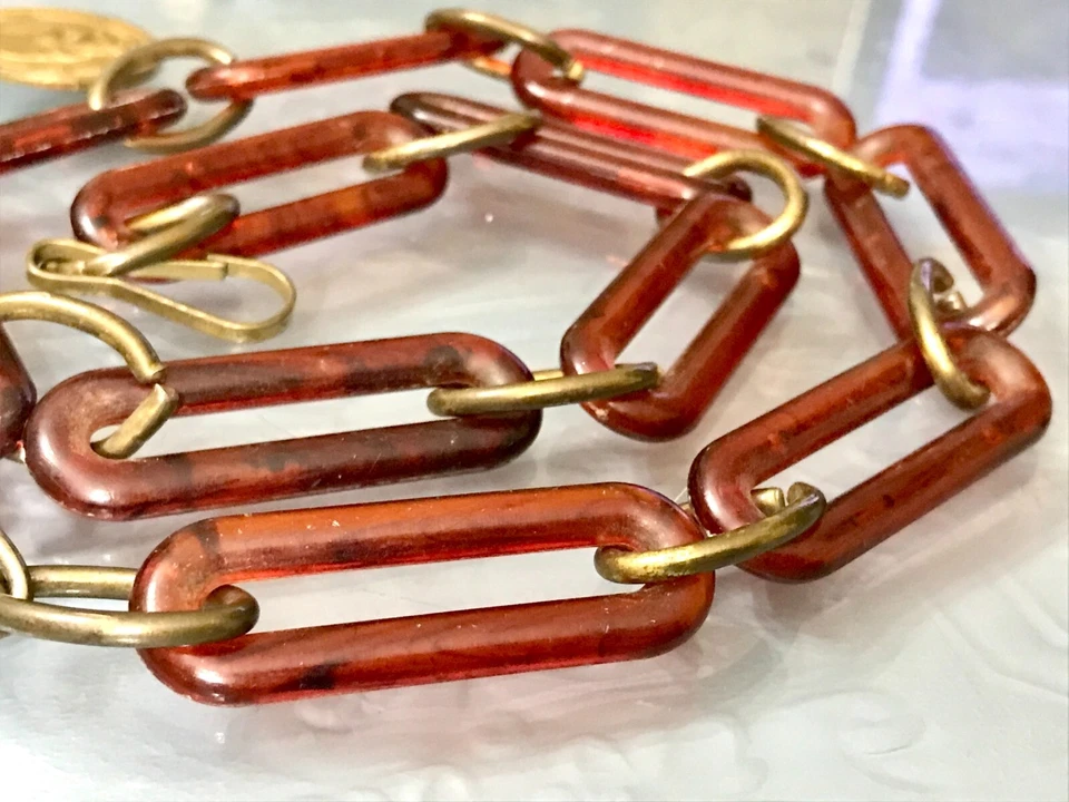 Cinturón de eslabones ámbar sintético vintage colgante cadena latón ajuste 25"-30" longitud Foto 4 de 4