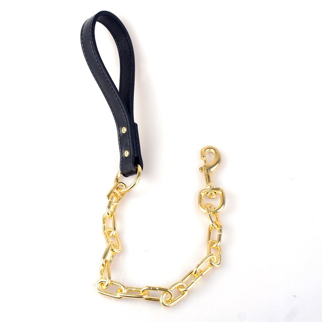 Heavy Duty Gold Chain Dog Leash Leather Handle Bulldog Pitbull Walking