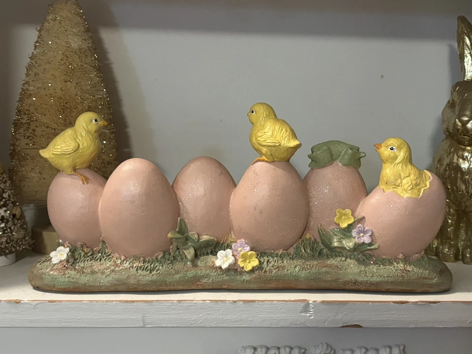 Feliz Pascua Imitación Papel Maché Estilo Resina Pollitos Exhibición Letrero Primavera Decoración 12" L Foto 4 de 4