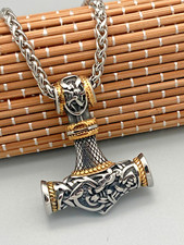 Thors Hammer Mjölnir Edelstahl Anhänger gold mit Kette Wikinger Halskette massiv