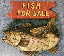 Fish For Sale Wood Decor Wall Hanging Sign 10” Fish Caught In Net Preowned