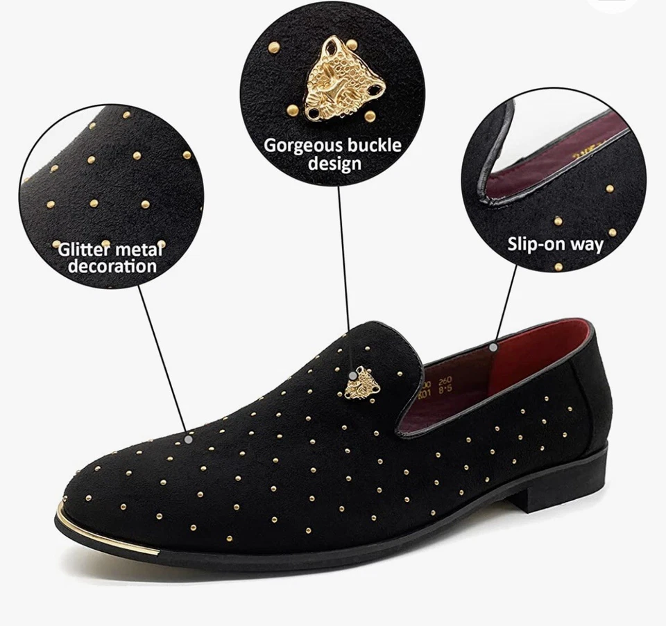 Mocassins masculinos de veludo preto festa banquete tachas de ouro sapatos sociais sólidos Business-38 - Imagem 4 de 4