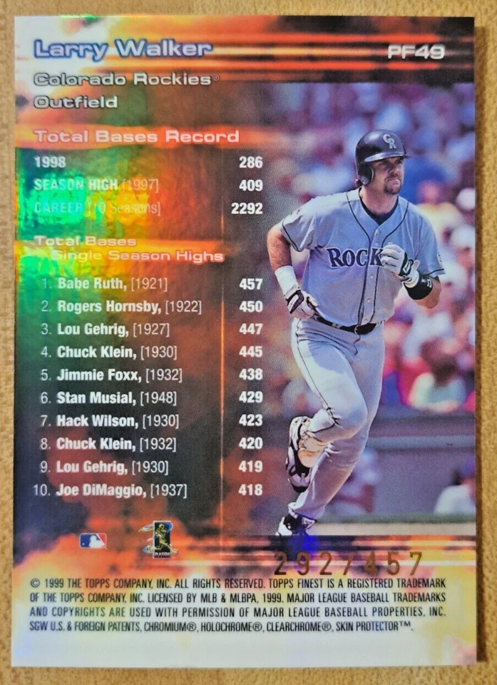 1999 Topps Finest Prominent Figures Refractor Larry Walker /457 #PF49 SP - Image 2 of 3