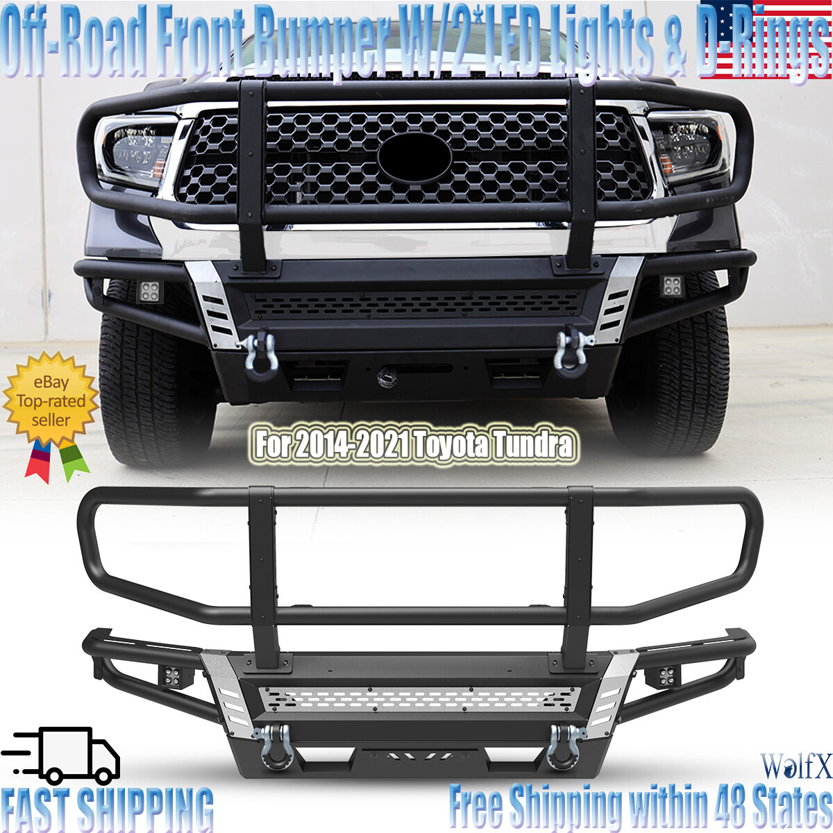 For 2014-2021 Toyota Tundra Off-Road Front Bumper W/LED Lights & D-Rings