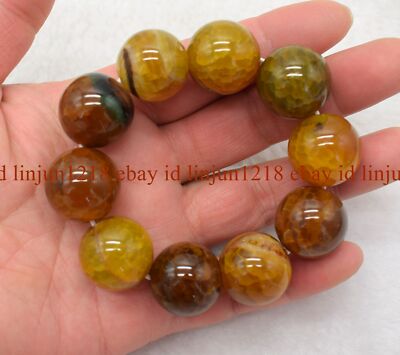 Rare Huge 20mm Yellow Dragon Veins Agate Round Beads Elastic Bracelet 7.5'' AAA