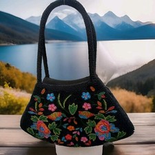 Vtg Bohemian Beaded Floral LG Shoulder Bag Purse Boho Beaded All Around 11.5x8"