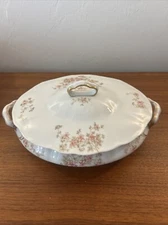 Vintage Covered Oval Porcelain Bowl White/with Pink Flowers O P Co Syracuse