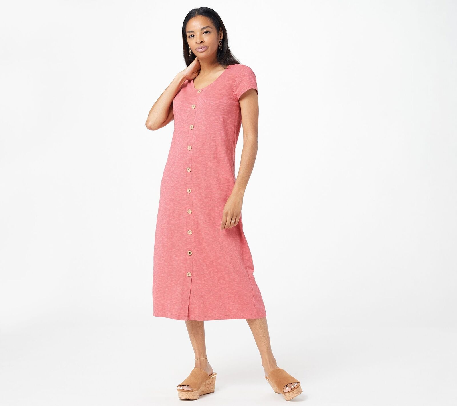 Denim & Co. Women's Plus Sz Dress 2X Naturals Linen Slub Jersey Midi Red A396114