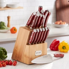 16 pc. Bamboo Block knife set G10 Handles German Steel CRIMSON Series Ergo Chef