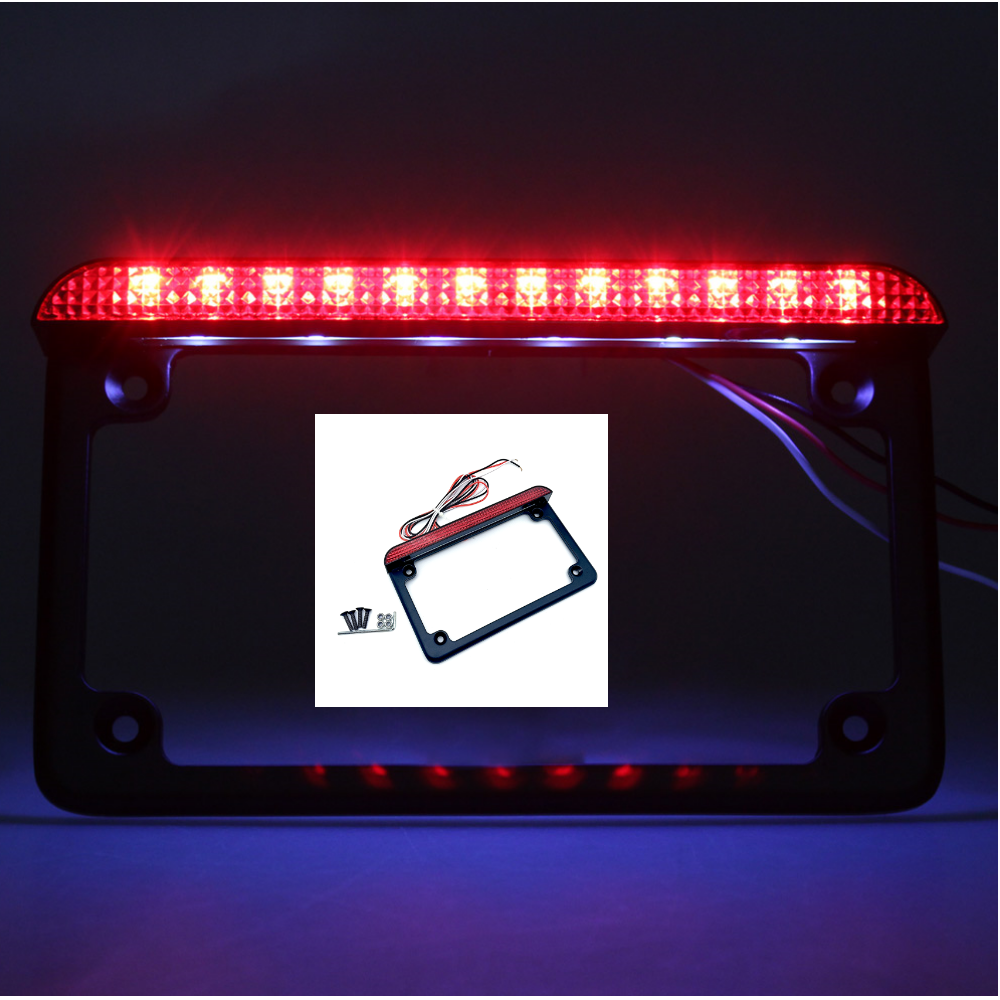 Black Motorcycle License Plate Frame w/ LED Brake Lamp Tail Light Universal  USA