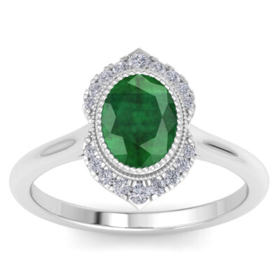 Ring 14 Karat Weißgold 1 Karat ovale Form Smaragd und Diamant
