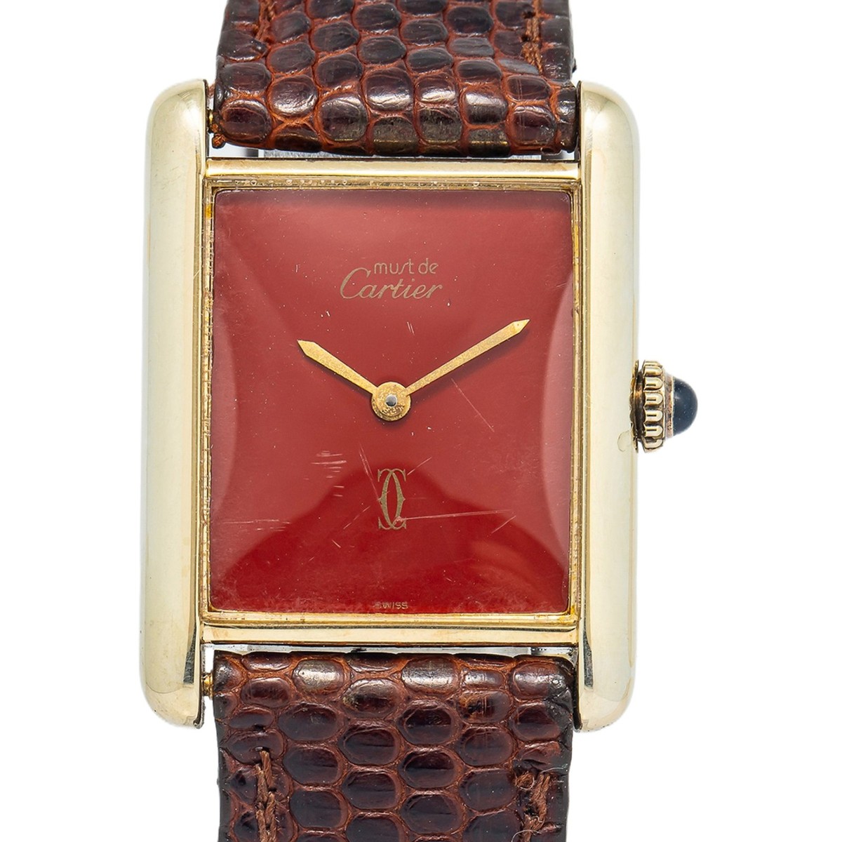 Cartier Tank 時計 Vermeil 925 Cartier Tank Vermeil RARE Vintage 925 Gold Plated Red Dial Manual